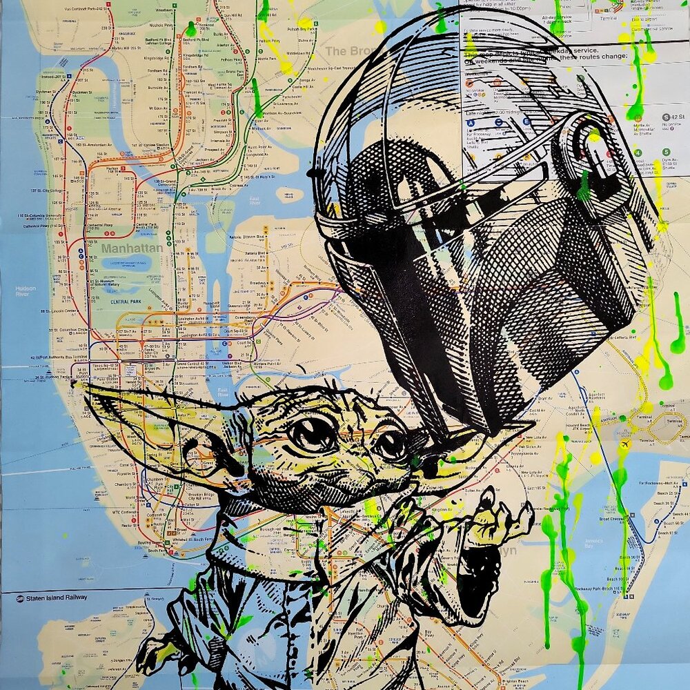 Handpainted Star Wars Mandalorian & Grogu on NYC Subway Map Fathers Day Gift